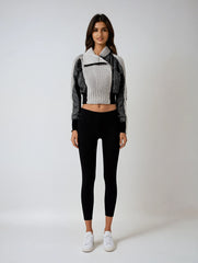 Gray Color-Block Knit & Nylon Asymmetric Jacket