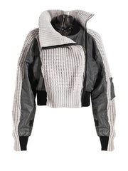 Gray Color-Block Knit & Nylon Asymmetric Jacket