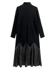 Black Pleated Splice Knit Dress – Turtleneck Long Sleeve Loose-fit Style