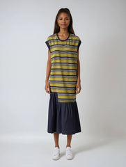 Yellow Striped Color-block Midi Dress – Sleeveless Big-size Loose Fit