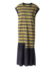 Yellow Striped Color-block Midi Dress – Sleeveless Big-size Loose Fit