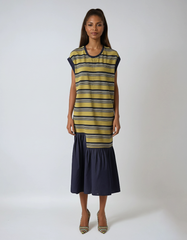 Yellow Striped Color-block Midi Dress – Sleeveless Big-size Loose Fit